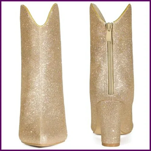 Glitter Pointy Toe Mid Calf Boots with Block Heel and Back Zipper - Picture 7 of 7